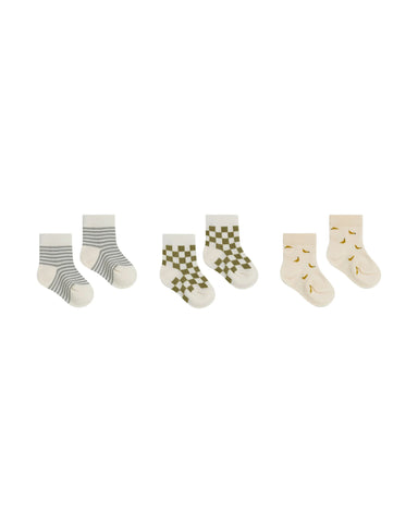 Quincy Mae 3 Socks set  “bananas, check, stripes”