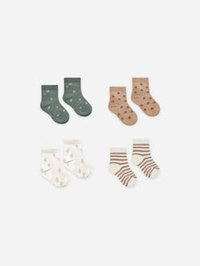 Quincy Mae 4 Baby Socks set  “Cocoa stripe, stars, trees, ditsy flowers”