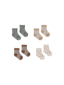 Quincy Mae 4 printed socks set  “latte, stripe, dots, sienna”