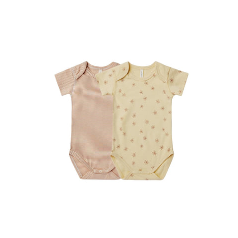 Quincy Mae short sleeve bodysuit onesies 2-pack set “yellow flowers and apricot stripes’
