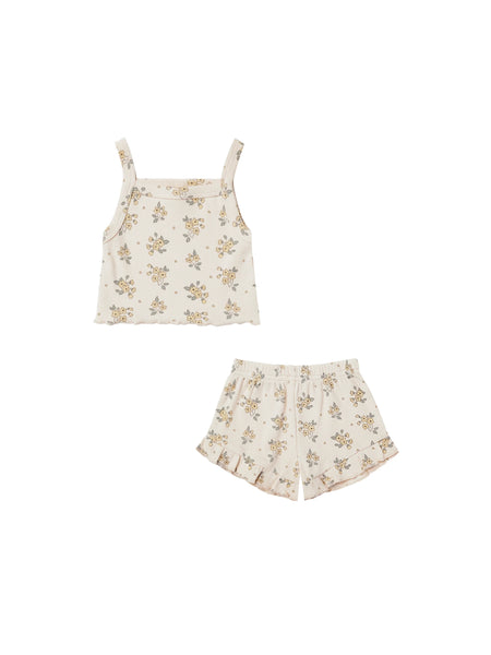 Quincy Mae pointelle  tank and shortie set ‘ditsy ocean/ yellow flowers’