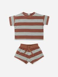 Quincy Mae terry shirt and shorts set ‘Blue and brown stripes’