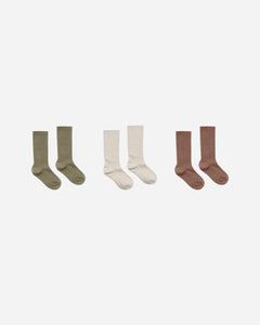 Rylee and Cru Solid Rib Socks-3 pack “Olive /Stone/wine”