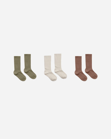 Rylee and Cru Solid Rib Socks-3 pack “Olive /Stone/wine”